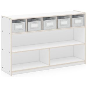 Estante baixa Guidecraft EdQ Shelves and 5 Bin Storage Unit 30" Branca com 2 prateleiras e 5 nichos com caixas de tecido 122cm