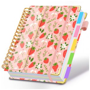 Caderno universitário espiral HDhuiun 8x10 5 matérias 300 páginas pautadas divisórias com bolsos e abas capa rosa com morangos