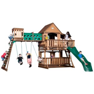Playground Infantil de Madeira com Caixa de Areia Deck Superior e Inferior Túnel Ventilado Escorregador 2 Balanços e Barra de Acrobacia Backyard Discovery Verde