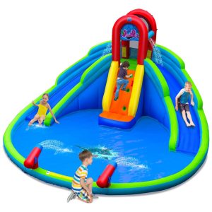 Parque aquático inflável BOUNTECH azul vermelho e laranja com escorregadores duplos piscina de respingos e estrutura em tecido oxford reforçado