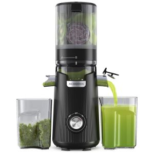 Espremedor de Sucos ACOQOOS Pressão Fria para Frutas e Vegetais Inteiros com Funil Largo de 135 cm (Capacidade 18L) Fácil de Limpar Preto.