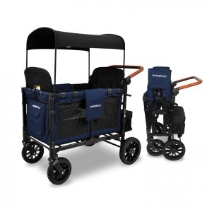 Carrinho de Passeio para 4 Crianças Multifuncional com Cobertura Removível e Dobramento até 136 kg WONDERFOLD W4 Azul