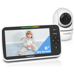 Babá Eletrônica com Divisão de Tela HelloBaby 6 IPS - Sem WiFi - Visão Noturna Infravermelha - Pan/Tilt/Zoom - 2 Vias de Áudio - 8 Canções de Ninar