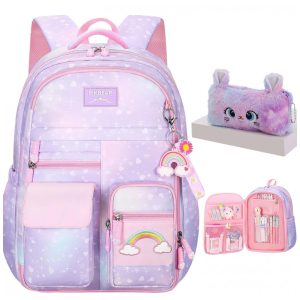 Mochila escolar infantil kistou arco-íris com estojo de pelúcia oxford impermeável grande capacidade roxa