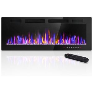 Lareira Elétrica de 127 Centímetros Embutida e de Parede Design Ultrafino com Controle Remoto Cores de Chamas e Brilho Ajustáveis Opções de Troncos e CristaisVendorz.