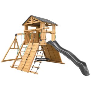 Playground Infantil de Madeira com Parede de Escalada Escorregador 2 Balanços de Cinto e 1 Balanço de Teia Backyard Discovery Verde