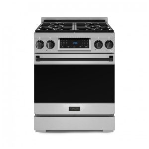 Fogão a gás GLP profissional 76cm Thor Kitchen Gordon Ramsay inox/preto painel touch basculante convecção grelha contínua 129L 110V