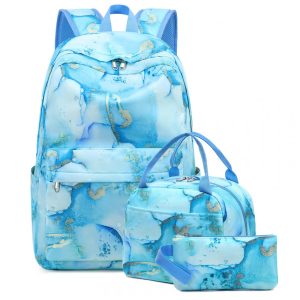 Mochila escolar Bluboon juvenil feminina mármore azul com dourado conjunto 3 peças com lancheira térmica e estojo para notebook 355 cm
