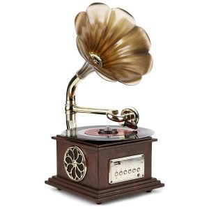 Gramofone Toca Discos Retro com Alto Falante Embutido e Corneta de Cobre 110V Asommet Marrom