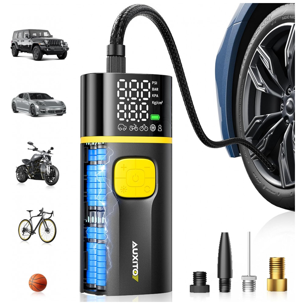 Compressor de Ar Portátil AUXITO A502 para Pneus de Carro, Caminhão, Bicicleta e Moto com Medidor Digital de Pressão de Pneus e Luz LED A5027800mAh