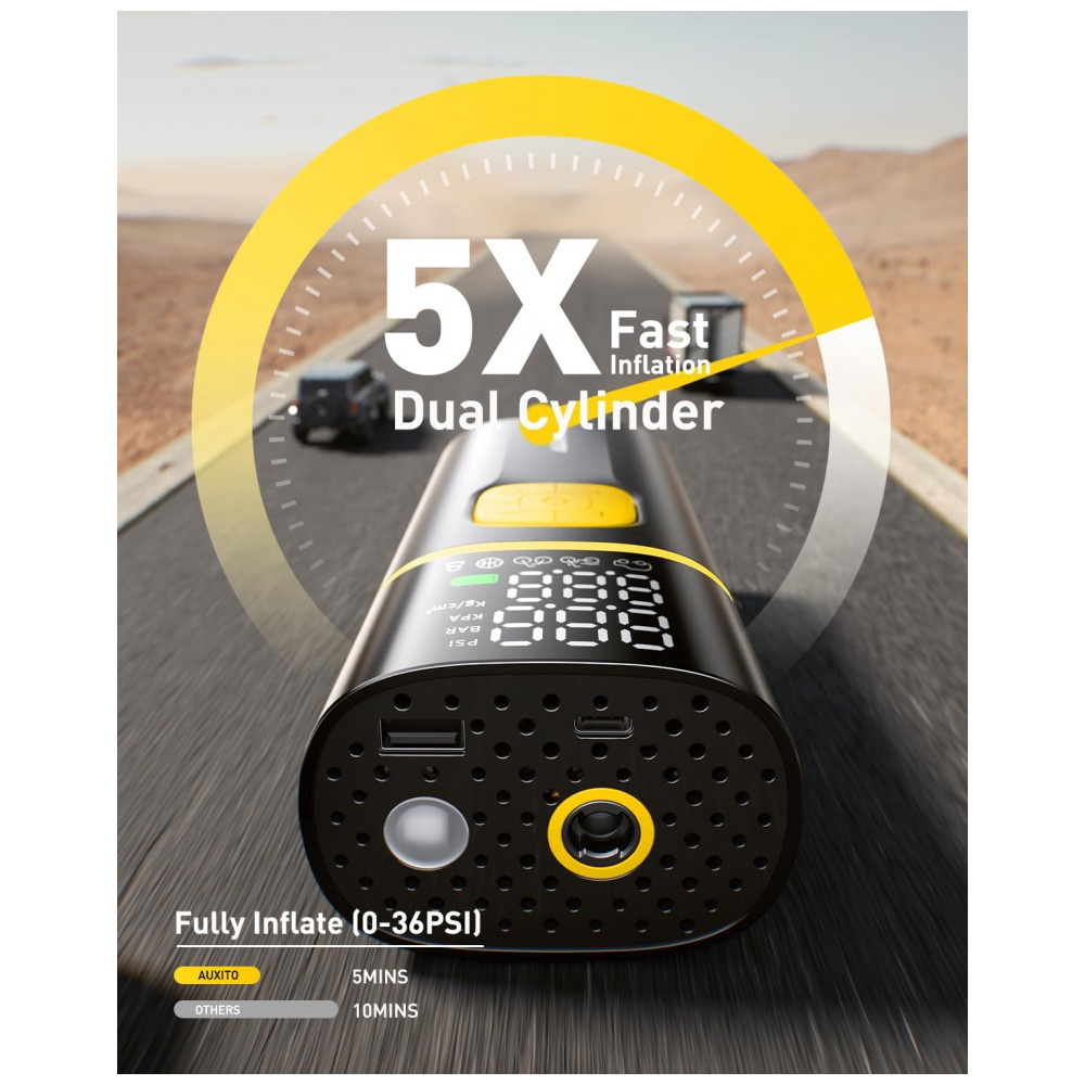 Compressor de Ar Portátil AUXITO A502 para Pneus de Carro, Caminhão, Bicicleta e Moto com Medidor Digital de Pressão de Pneus e Luz LED A5027800mAh - Imagem 3