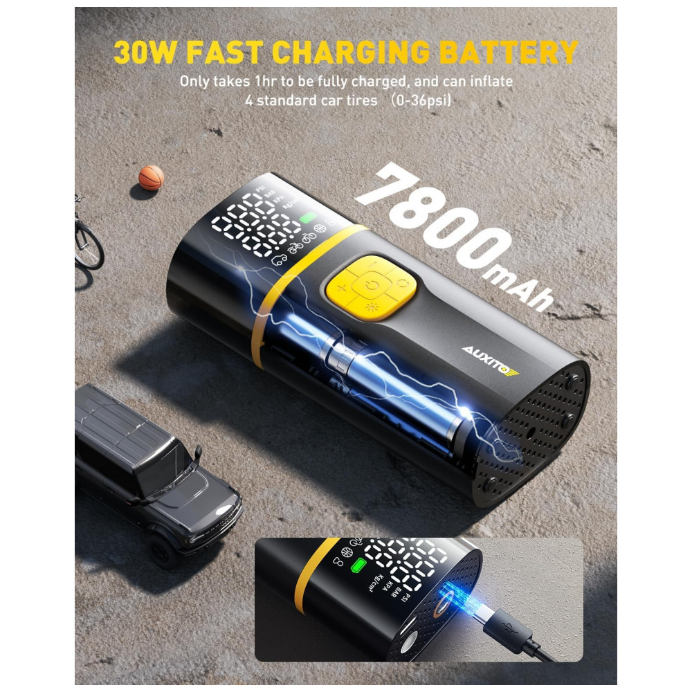 Compressor de Ar Portátil AUXITO A502 para Pneus de Carro, Caminhão, Bicicleta e Moto com Medidor Digital de Pressão de Pneus e Luz LED A5027800mAh - Imagem 5