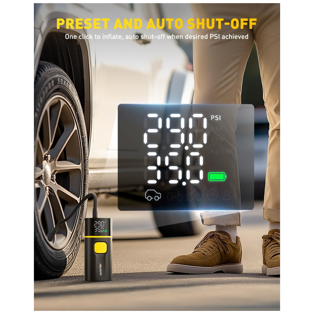 Compressor de Ar Portátil AUXITO A502 para Pneus de Carro, Caminhão, Bicicleta e Moto com Medidor Digital de Pressão de Pneus e Luz LED A5027800mAh - Imagem 6