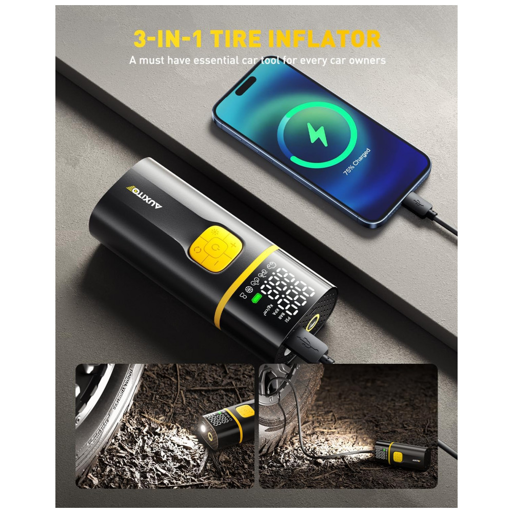 Compressor de Ar Portátil AUXITO A502 para Pneus de Carro, Caminhão, Bicicleta e Moto com Medidor Digital de Pressão de Pneus e Luz LED A5027800mAh - Imagem 8