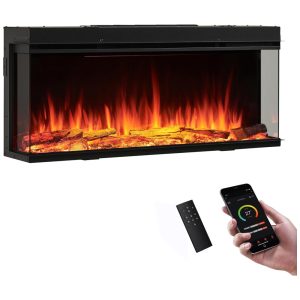 Lareira Elétrica de Embutir A49x109L cm com Chamas Multicoloridas Temporizador Vista Lateral Termostato Ajustável e Compativel com Alexa 110V 1500W Legend Flame EF420B Preta