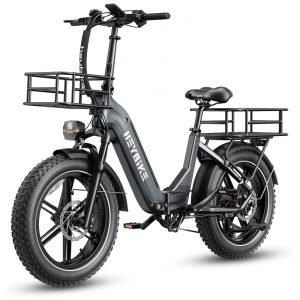 Bicicleta Elétrica Heybike Ranger S para Adultos Motor de 1400W Pneu Gordo 20" x 4.0" Bateria Removível de 48V 14.4AH Dobrável Cinza com Cesta Di