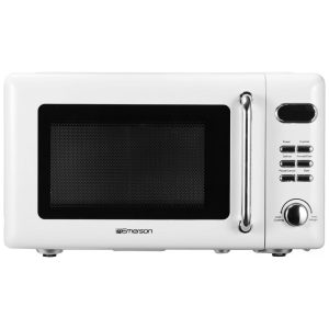 Forno Micro-ondas Retrô de Bancada 20L Emerson Branco 700W 5 Níveis 8 Menus Automáticos Prato de Vidro Trava de Segurança 110V