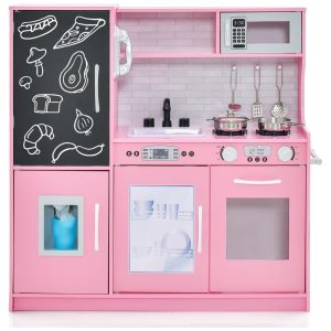 Cozinha Infantil em Madeira com Quadro Negro Telefone Micro-ondas Máquina de Fazer Gelo Máquina de Lavar Louça e Forno Costzon Rosa