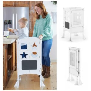 Banqueta Torre de Aprendizagem Dobrável Guidecraft Classic Kitchen Helper Branca Madeira Bétula Altura Ajustável
