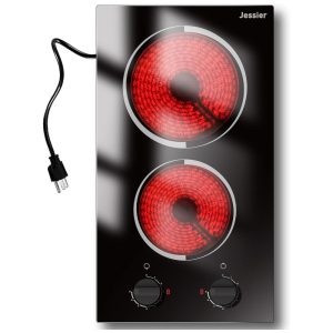 Cooktop Elétrico 2 Bocas 3048 cm Portátil 110V Plug and Play Cooktop Cerâmica Embutido Controle Botão 9 Níveis Potência e ProteçãoJessier