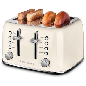 Torradeira Elétrica Retrô 4 Fatias em Aço Inoxidável com Painel de Controle Duplo Independente Bandeja de Migalhas Removível e 6 Níveis de Tostagem 1550W Roter Mond Creme