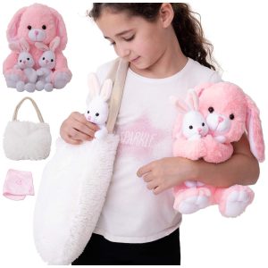 Kit 3 Coelhos de Pelúcia Mamãe Rosa Macia e Fofa 2 Coelhinhos Brancos com Cobertor e Bolsa Perfectto Design