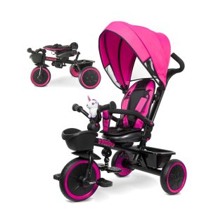 Triciclo 7 em 1 com Alça Ajustável Assento Giratório Porta-Copos Capota Retrátil Guarda-Corpo Removível e Apoio para os Pés KRIDDO Rosa