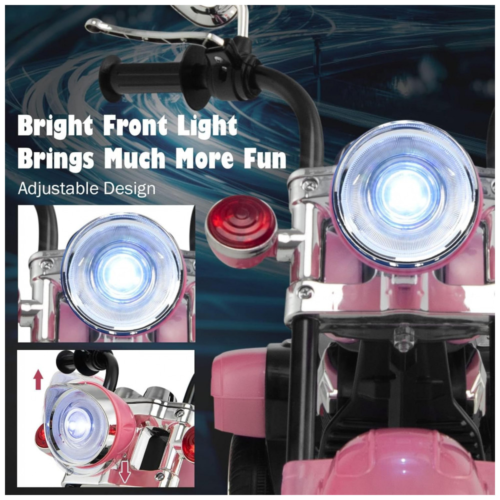 Moto Elétrica Infantil Chopper OLAKIDS Rosa 6V 3 Rodas de Treinamento Farol LED Buzina Suspensão Estrutura Metálica 3 km/h - Imagem 3