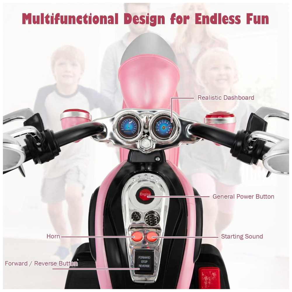 Moto Elétrica Infantil Chopper OLAKIDS Rosa 6V 3 Rodas de Treinamento Farol LED Buzina Suspensão Estrutura Metálica 3 km/h - Imagem 4