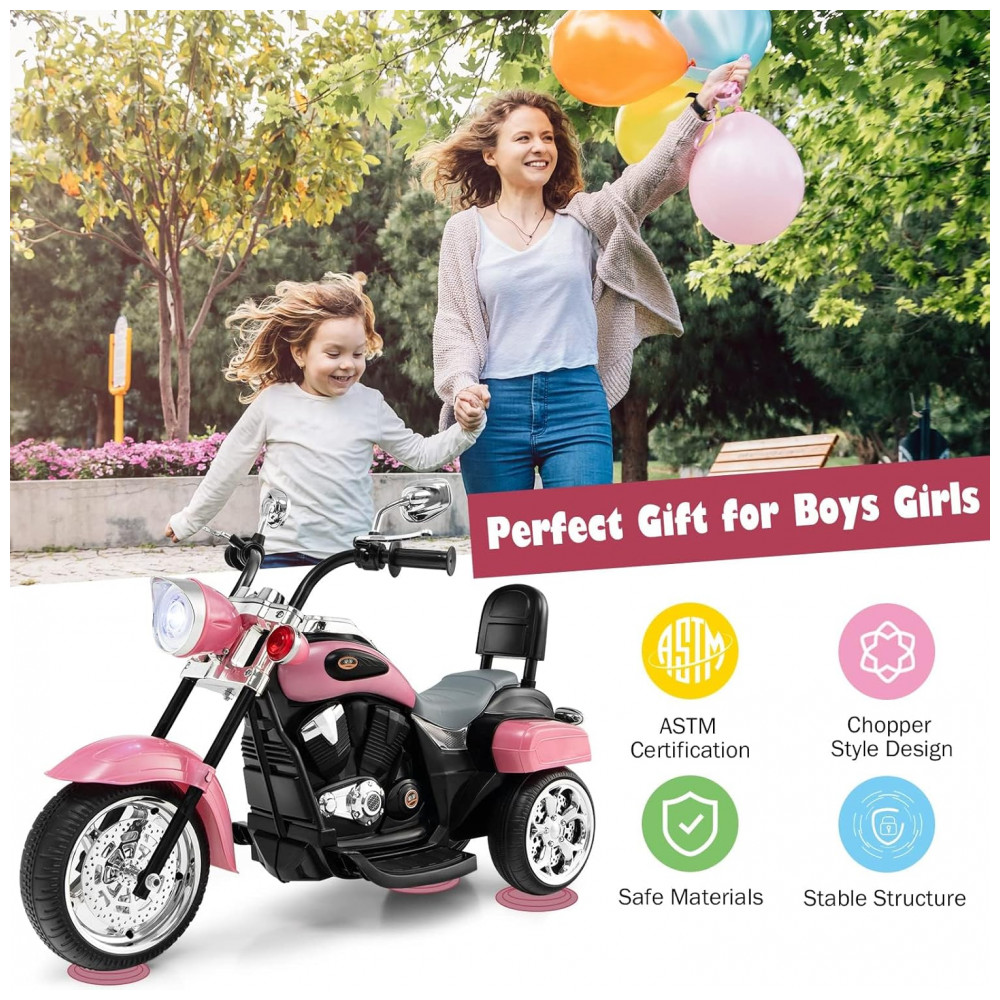 Moto Elétrica Infantil Chopper OLAKIDS Rosa 6V 3 Rodas de Treinamento Farol LED Buzina Suspensão Estrutura Metálica 3 km/h - Imagem 5