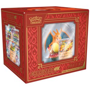 Coleção Pokémon TCG Charizard ex Super Premium com 10 boosters cartas promocionais holográficas e miniatura expositora