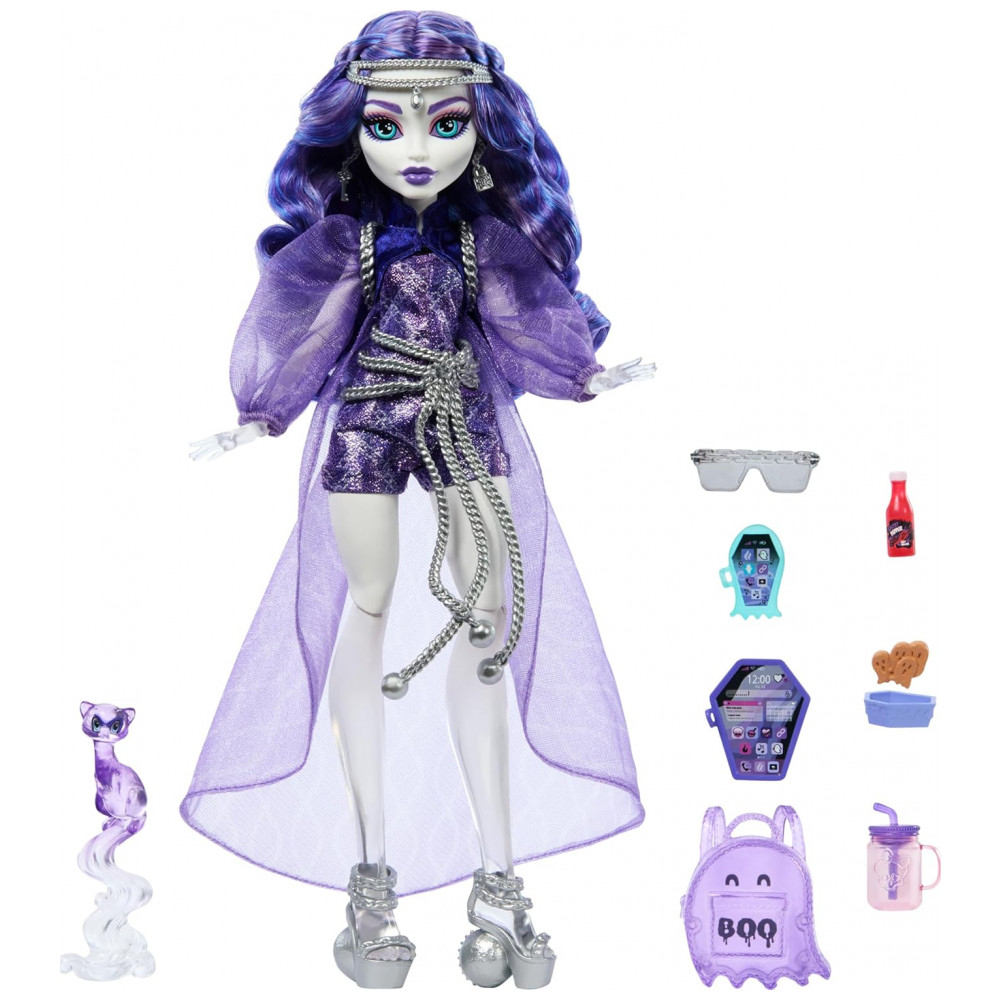 Boneca Monster High Spectra Vondergeist com Pet Ferret Rhuen e Acessórios Completo – Colecionável Articulada