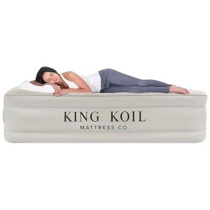 Colchão de Ar King Koil Luxury 50 centímetros Tamanho Completo Bege com Bomba Integrada para Casa Acampamento e Convidados - Colchão Inflável de Luxo Duplo