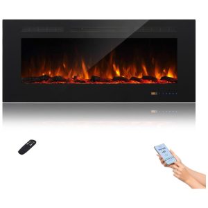 Lareira Elétrica Inteligente de 127 cm com Wi-Fi 5 Ajustes de Chama Troncos ou Cristais Controle de Temperatura por Painel Touch Masarflame