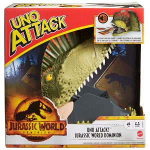 Mattel Games UNO Attack Jurassic World Dominação - Jogo de Cartas com Lançador de Cartas Dinossauro Luzes e Sons