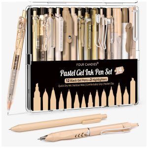 Canetas em gel Four Candies marrom com tinta preta e marrom e 2 marcadores pastel ponta fina 05 mm retrátil kit 14 peças para estudo e escritório