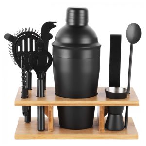 Kit Bartender Profissional 9 Peças em Aço Inoxidável com Suporte de Bambu JNWINOG Preto Fosco