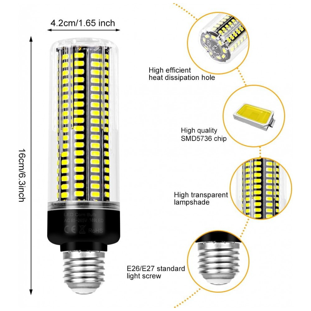 Lâmpada LED Corn 350W equivalente, luz diurna 6000K, super brilhante com 4041 lúmens, base E26/E27, ideal para indoor, teto, casa e jardim,Duu Too - Imagem 3