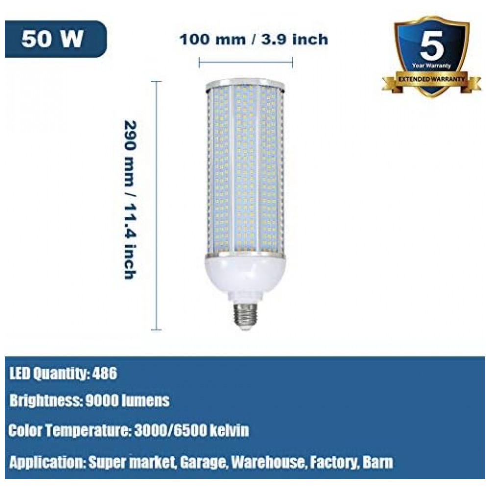 Ultra Bright LED Corn Bulb 50W 9000LM 3000K Branco Quente E26/E27,Iluminação eficiente para grandes áreas,oficinas,armazéns, ruas e garagens,BulBright - Imagem 2