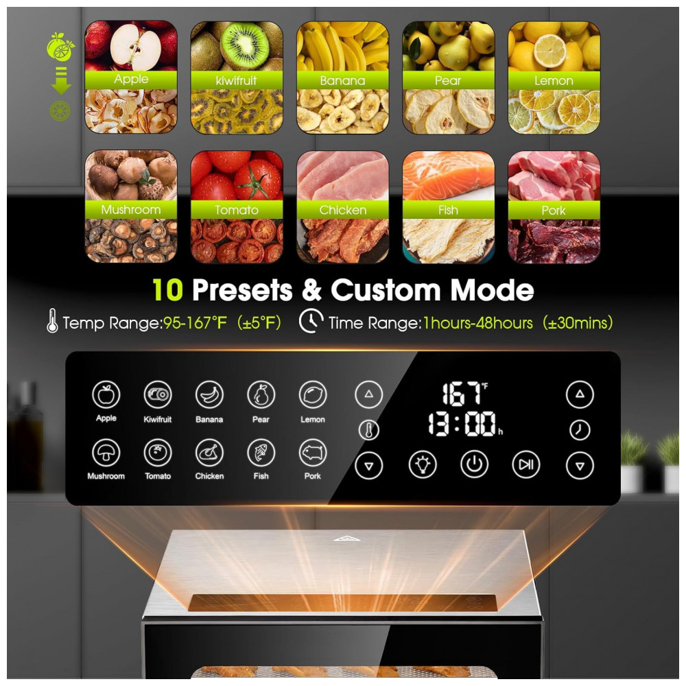 Desidratador de Alimentos PSIIDAN, 12 Bandejas em Aço Inoxidável em Máquina de 850W, Timer Digital de 48 Horas e Temperatura Ajustável de 75°C, - Imagem 2