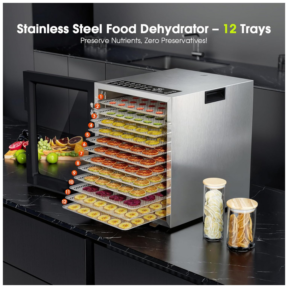 Desidratador de Alimentos PSIIDAN, 12 Bandejas em Aço Inoxidável em Máquina de 850W, Timer Digital de 48 Horas e Temperatura Ajustável de 75°C, - Imagem 3
