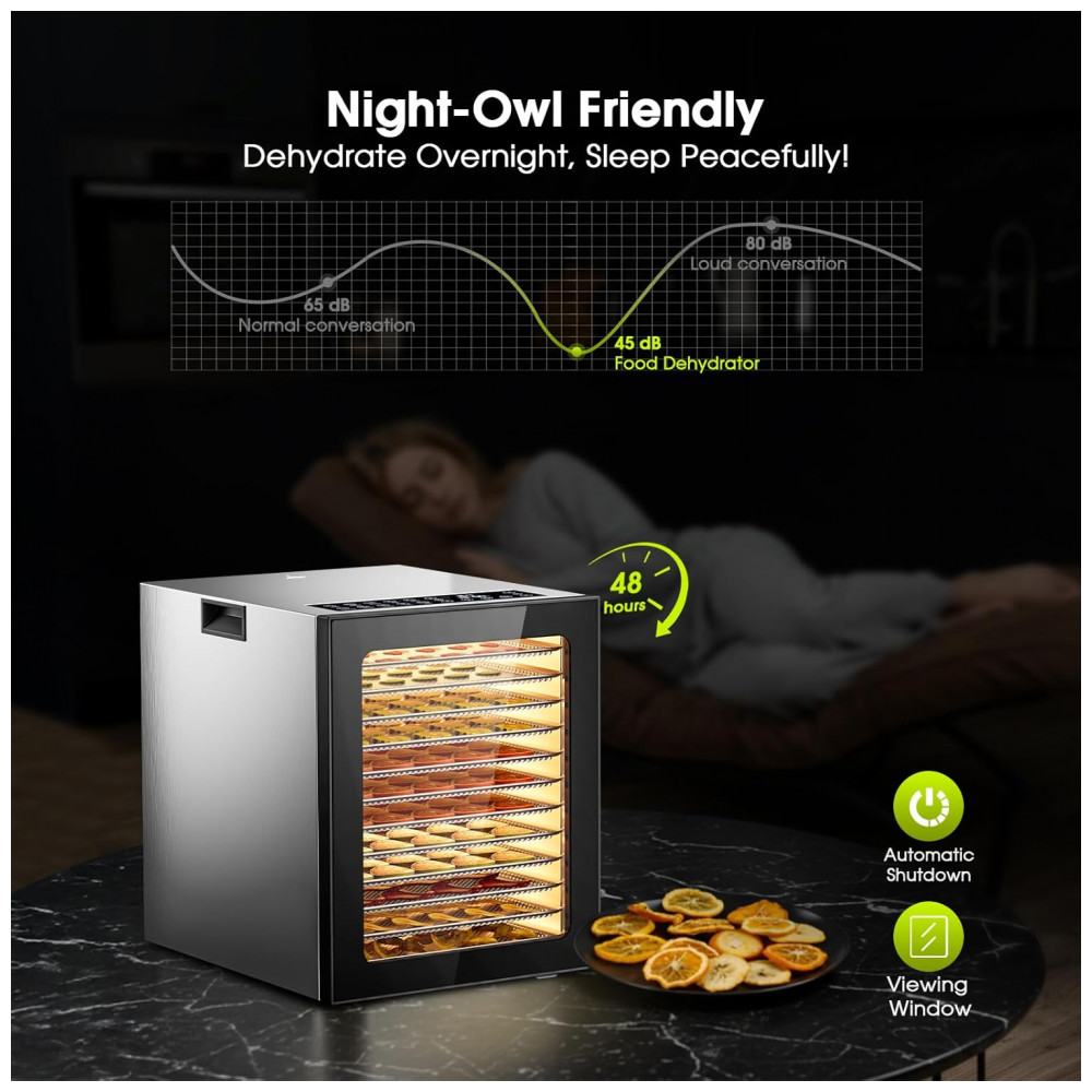Desidratador de Alimentos PSIIDAN, 12 Bandejas em Aço Inoxidável em Máquina de 850W, Timer Digital de 48 Horas e Temperatura Ajustável de 75°C, - Imagem 7
