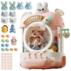 Máquina de Garra Rosa – Mini Arcade Infantil com 10 Pelúcias, 10 Mini‑Brinquedos, 10 Ovos Surpresa, 24 Moedas, Luzes LED e Som