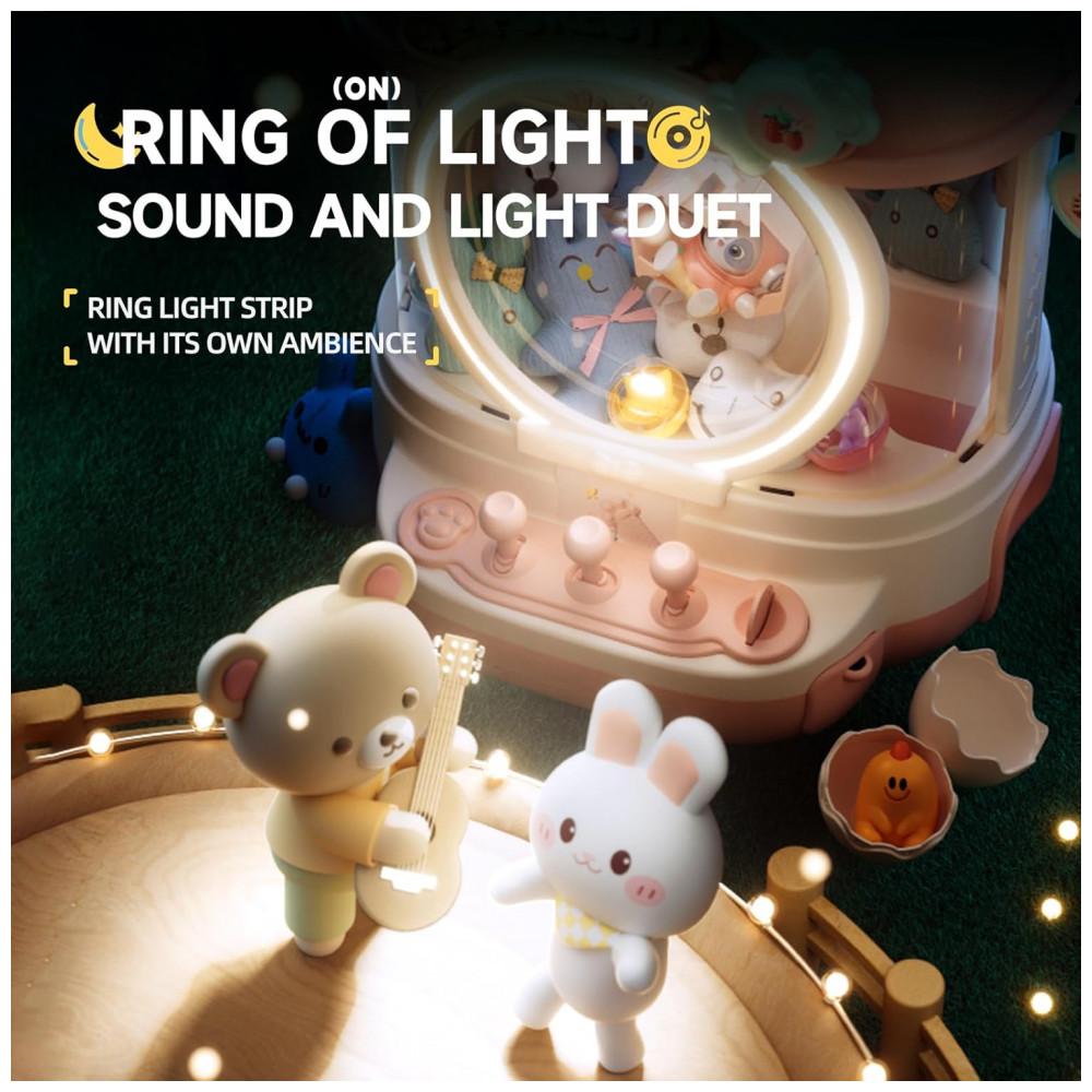 Máquina de Garra Rosa – Mini Arcade Infantil com 10 Pelúcias, 10 Mini‑Brinquedos, 10 Ovos Surpresa, 24 Moedas, Luzes LED e Som - Imagem 6