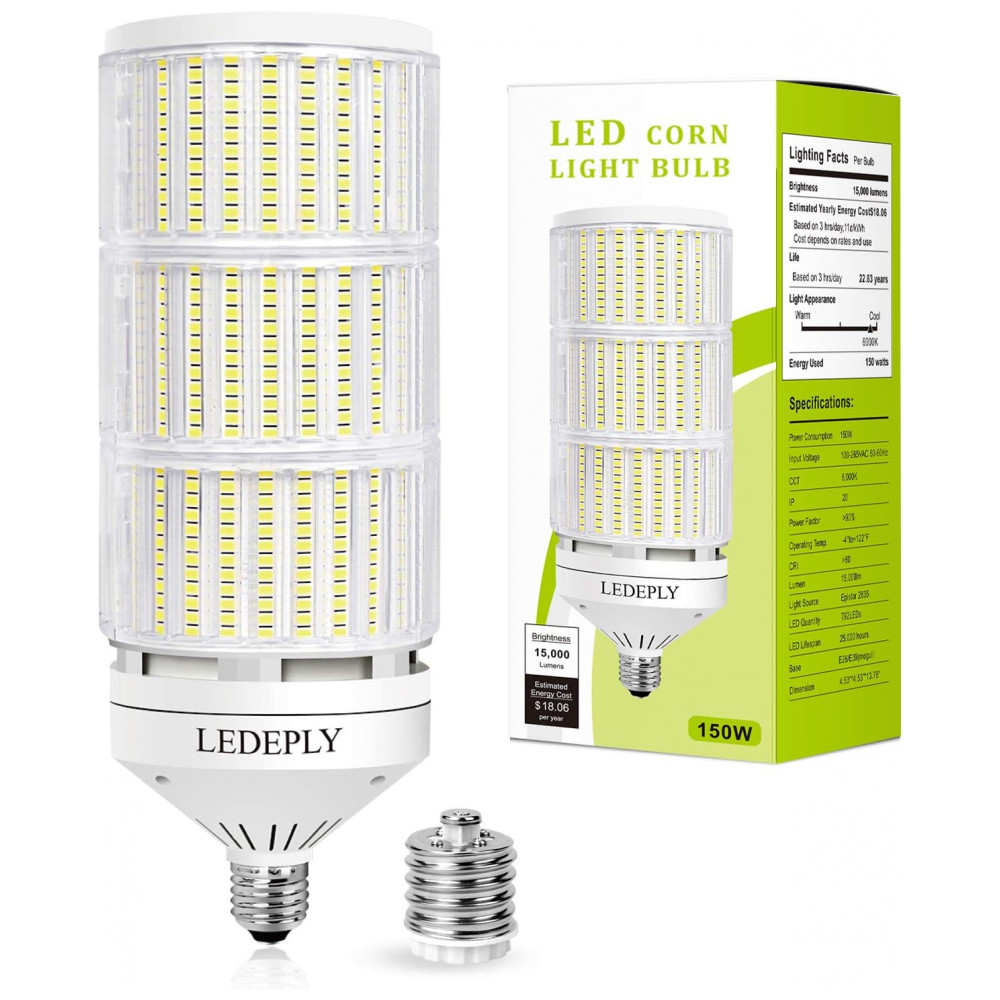 Lâmpada LED Corn 150W LEDEPLY, 15000 lúmens, 5000K daylight, base E26/E39, alta eficiência para galpões, fábricas, oficinas e áreas externas.