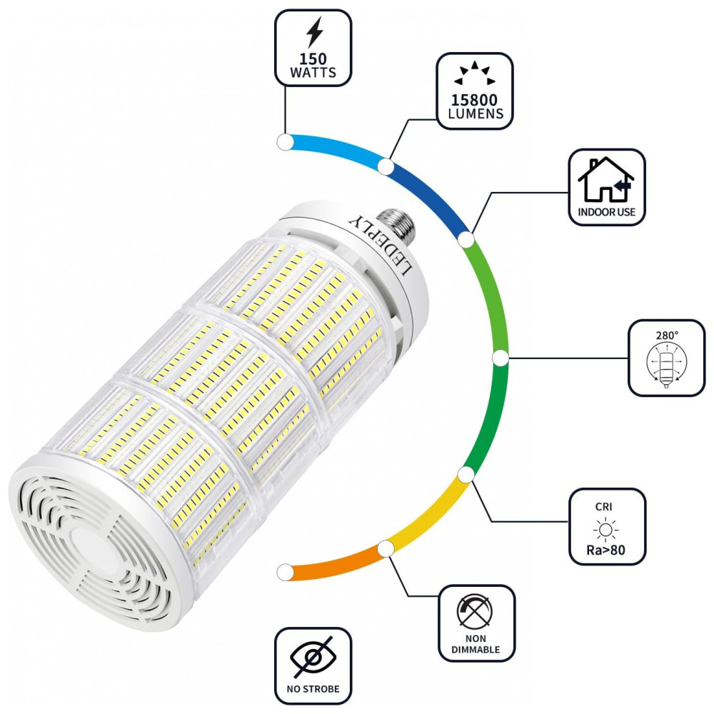 Lâmpada LED Corn 150W LEDEPLY, 15000 lúmens, 5000K daylight, base E26/E39, alta eficiência para galpões, fábricas, oficinas e áreas externas. - Imagem 6