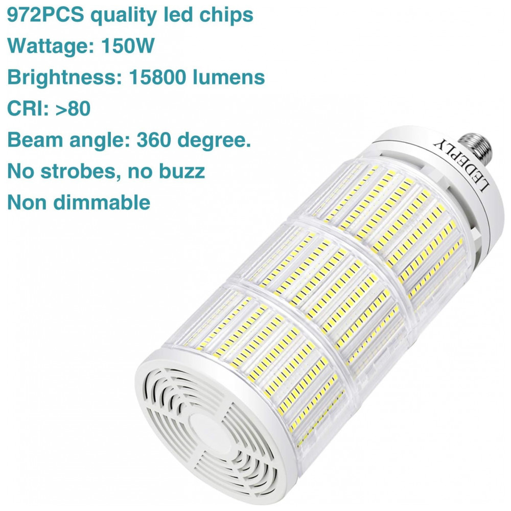 Lâmpada LED Corn 150W LEDEPLY, 15000 lúmens, 5000K daylight, base E26/E39, alta eficiência para galpões, fábricas, oficinas e áreas externas. - Imagem 7