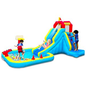 Escorregador Bounwell Inflável com Parede de Escalada Tiro de Água Cesta de Basquete e Piscina Splash – Diversão Garantida para Crianças no Quintal.