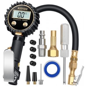 Manômetro Digital AstroAI com Inflador de Pneus - 3250 PSI 01 de Resolução de Display Bico de Ar Resistente e Acessórios para Compressor