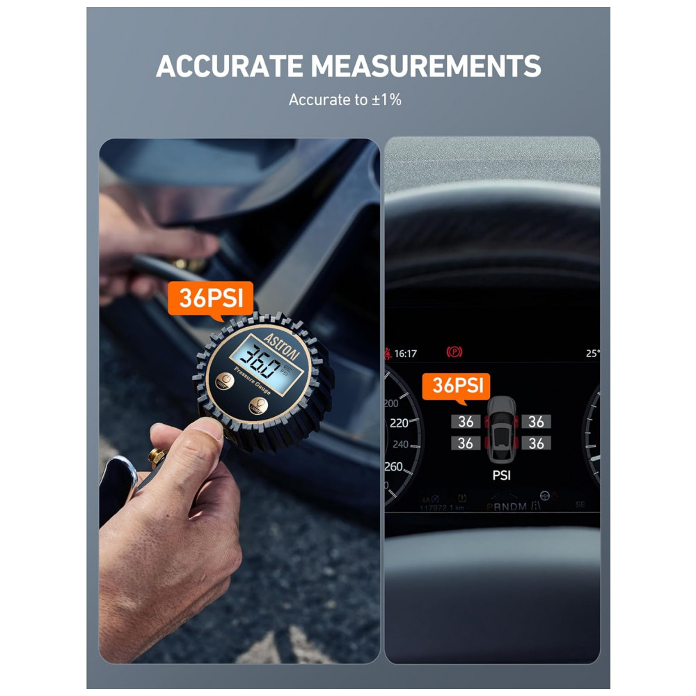 Manômetro Digital AstroAI com Inflador de Pneus - 3250 PSI 0,1 de Resolução de Display, Bico de Ar Resistente e Acessórios para Compressor - Imagem 2